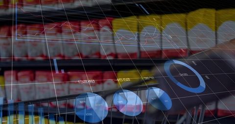 Augmented reality grocery analytics displaying prices over shopping cart handle