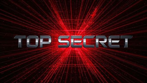 Top Secret chrome 3D lettering radiating red cyberpunk grid with futuristic neon flare