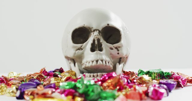 Close up view of human skull and multiple candies fallen against grey background. halloween holiday and celebration concept