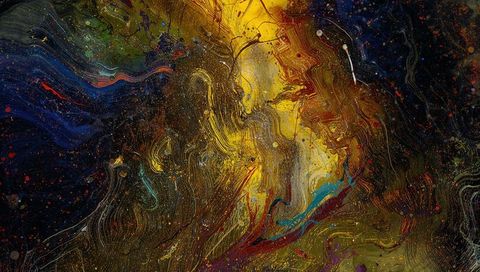 Luminous gold pour marbling with metallic flakes, iridescent veining and acrylic texture