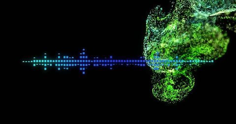 Morphing neon green particle cloud flowing from cyan-blue waveform for futuristic data