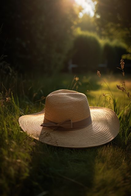 Straw hat resting on lush grass in a sunlit meadow. Ideal for concepts related to summer, nature, relaxation, tranquility, and outdoor activities. Perfect for use in lifestyle blogs, summer-themed projects, advertisements for outdoor products, and serene nature scenes.