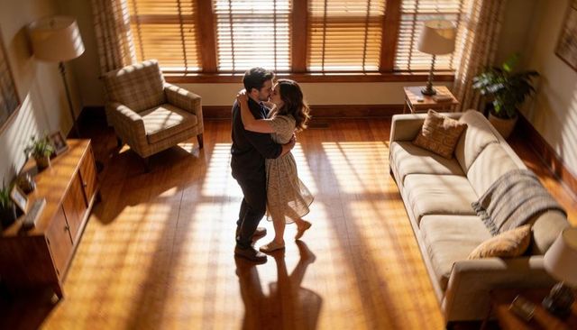 Sunlit couple dancing on hardwood floor in cozy midcentury living room