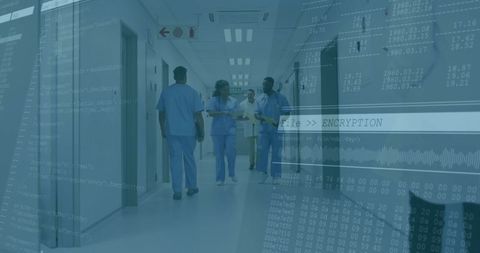 Healthcare Team Walking Hospital Corridor with Digital Overlay