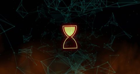 Digital Network with Glowing Hourglass Symbol on Black Background