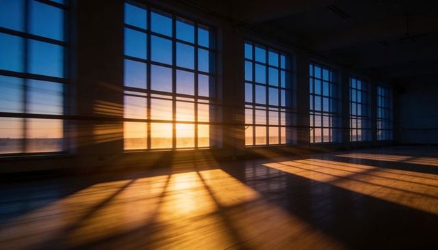 Sunlight streaming through paned windows casting long shadows across wood floor in loft