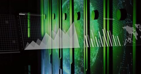 Futuristic data visualization on green-lit servers in datacenter