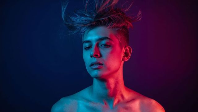 Androgynous male portrait neon duotone gel lighting windswept hair cinematic look