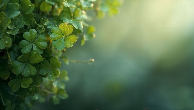 Dewy oxalis clover leaves glistening with morning light and soft green bokeh