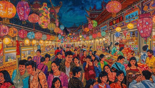 Lantern-Lit Night Market Crowd Celebrating Lanterns Along Vibrant Bazaar Evening Street