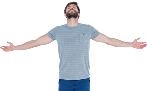 Young man standing with open arms celebrating on transparent background