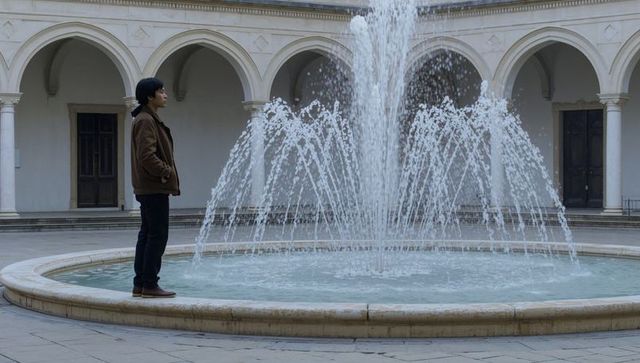 Young man standing on fountain rim watching water jets in cloistered courtyard with arches