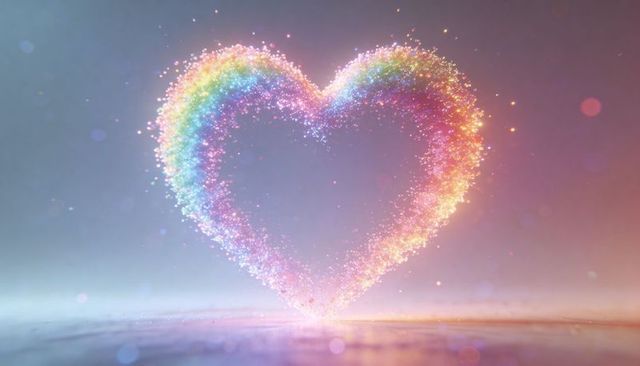 Iridescent glitter heart floating above reflective surface with rainbow bokeh glow, dreamlike