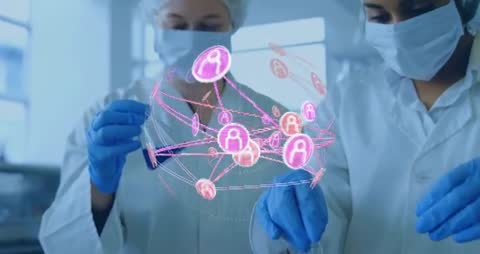 Scientists Interacting with Digital Network in Laboratory