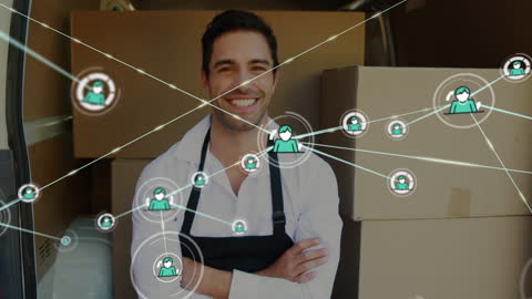 Warehouse Worker Smiling Amid Connected Global Network Icons
