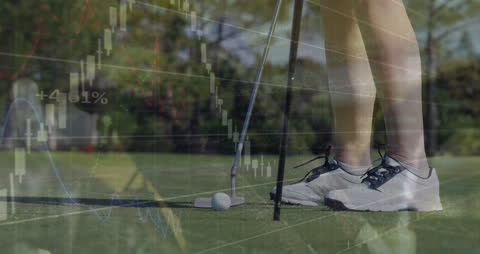 Female Golfer Putting with Financial Data Overlay