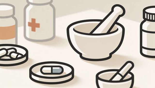 Minimalist pharmacy mortar and pestle with pill trays and medicine bottles vector illustration