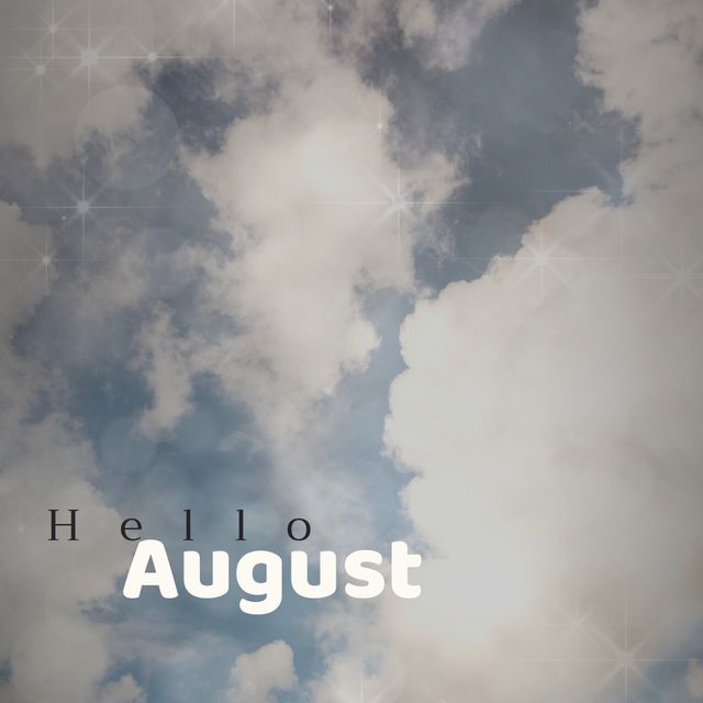 Digital graphic design featuring 'Hello August' text against a backdrop of white clouds and blue sky. Suitable for seasonal social media posts, inspirational messages, desktop wallpapers, greeting cards, or blog visuals. Great for adding a welcoming and positive touch to various digital content during the month of August.
