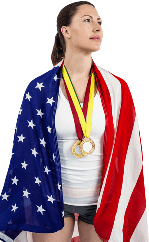 Female Athlete Posing Confidently with American Flag and Medals Transparent Background