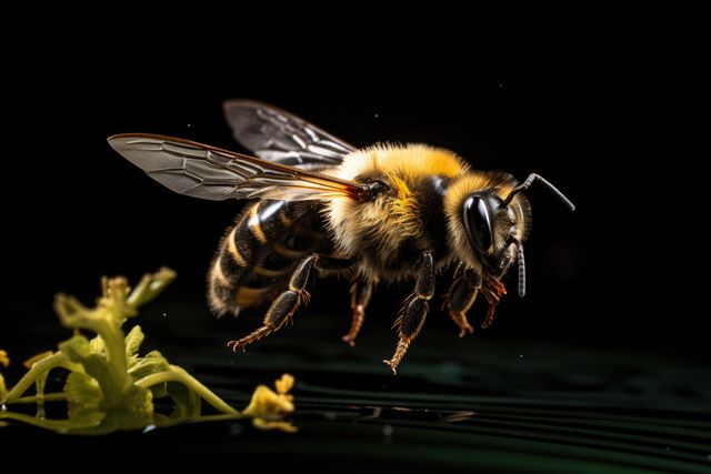 Macro shot capturing a honeybee in flight against black background, showcasing detailed anatomy and clear wing structure. Ideal for illustrating bee behavior, pollination processes, and natural environments. Great for educational materials, nature blogs, and scientific publications.