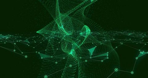 Glowing Green Data Mesh with Swirling Vortex, Hex Nodes and Wireframe Network