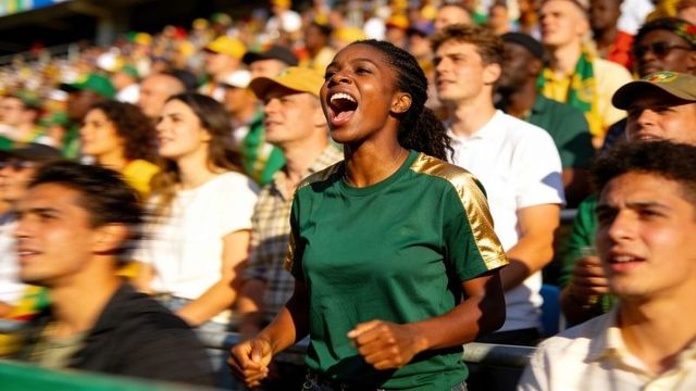 Cheering young woman standing in stadium crowd wearing green and gold jersey