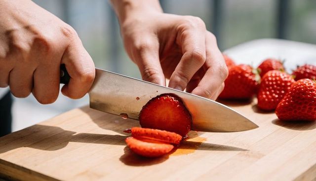 Hands slicing fresh strawberries on wooden cutting board with chef knife