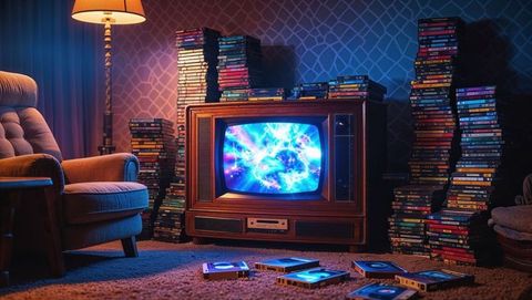 Retro wooden tv playing cosmic display in vintage living room with vhs tapes, home movies nostalgia