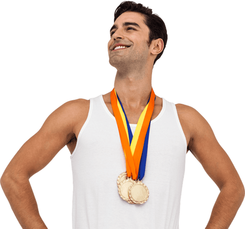 Proud Athlete Posing with Gold Medals on Transparent Background