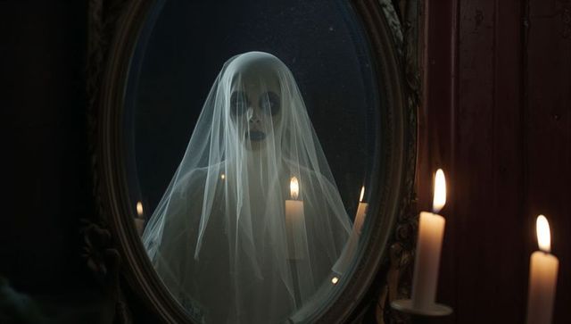 Eerie veiled figure reflected in antique mirror with candlelight