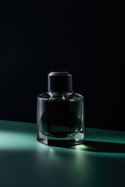 Rectangular glass perfume bottle on black background, created using generative ai technology. Scent, fragrances and luxury goods concept digitally generated image.