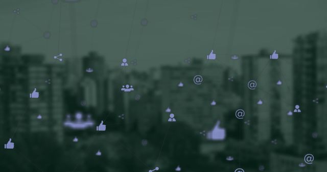 Digital networking interface superimposed on blurred cityscape. Icons such as thumbs-up, users, and email symbols are floating. Useful for topics related to modern communication, technology integration, social media strategies, and urban digitalization.