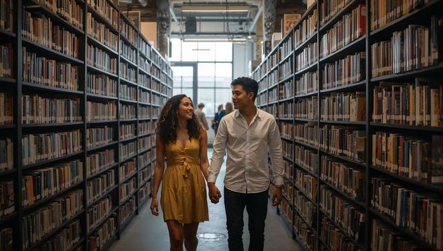 Couple walking hand in hand through library stacks, woman in mustard dress, man in white