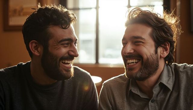Laughing bearded friends sharing warm sunlit moment, casual camaraderie in cozy indoor space for lif