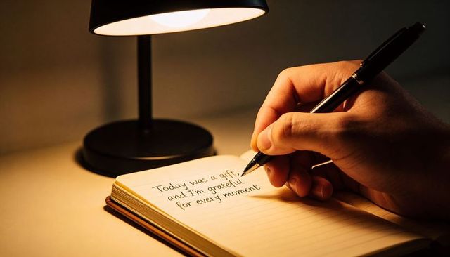 Warm desk lamp illuminating hand writing gratitude journal entry in lined notebook
