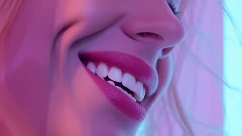 Close-Up of Smiling Pink Lips Under Neon Lighting