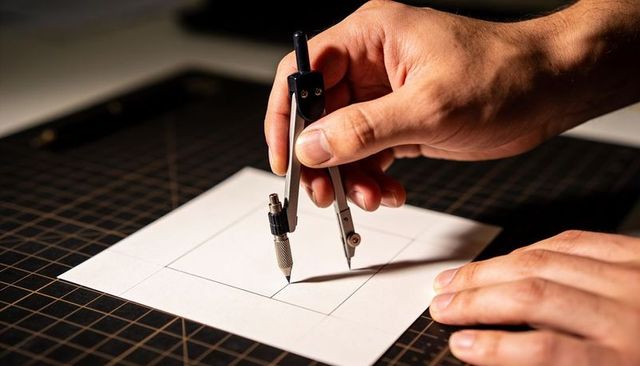 Architect metal compass drawing precise square on drafting paper closeup hands grid mat