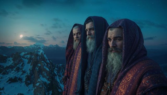 Ancient hooded sages on snowy mountain watching moonrise