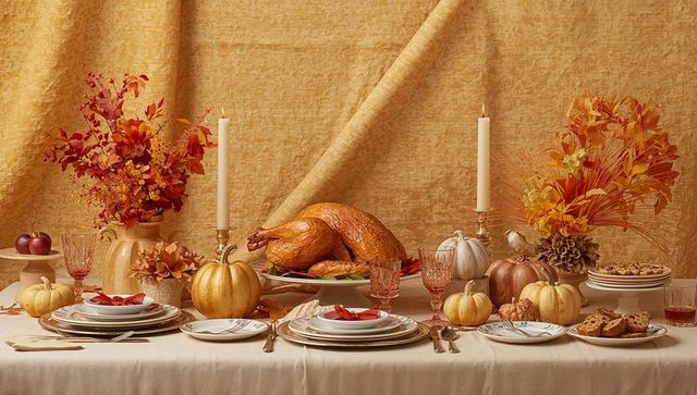Serving roasted turkey with autumn centerpiece on elegant thanksgiving dinner table