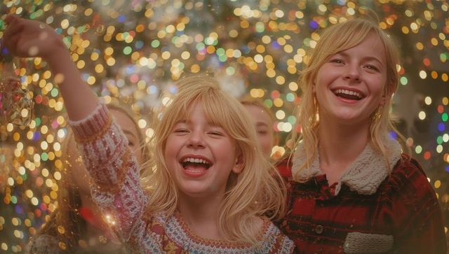 Joyful Sisters Celebrating Festive Holidays with Laughter and Lights
