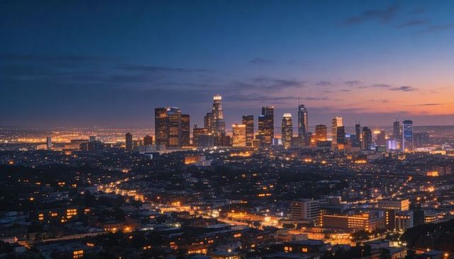 Twilight skyline glowing from hillside overlook downtown highrises lighting urban panorama