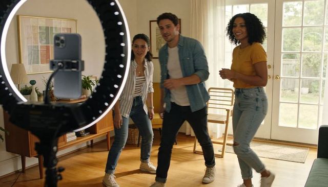 Diverse creators filming dance using ring light and smartphone in midcentury living room