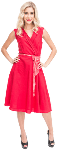 Smiling blonde woman in bright red dress on transparent background