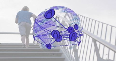 Man climbing overpass stairs with digital globe network overlay showing global connections