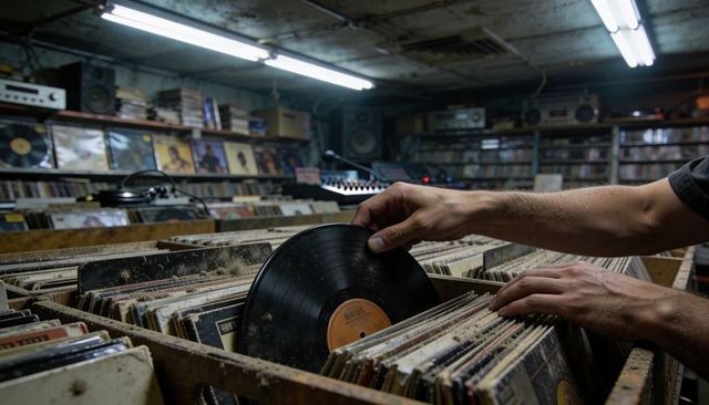 Browsing dusty vinyl crates in retro basement record shop hands lifting black lp