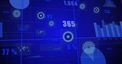 Displaying blue data dashboard with analytics metrics, radar targets and kpi charts