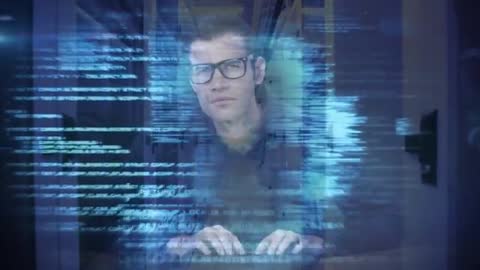 Focused Software Developer Navigating Cyber Code in Surreal Digital Environment