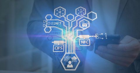 Businessman Integrating Digital Network Connections on Smartphone