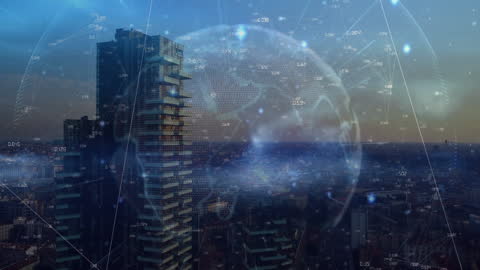 Digital Connections Overlay on Modern Cityscape