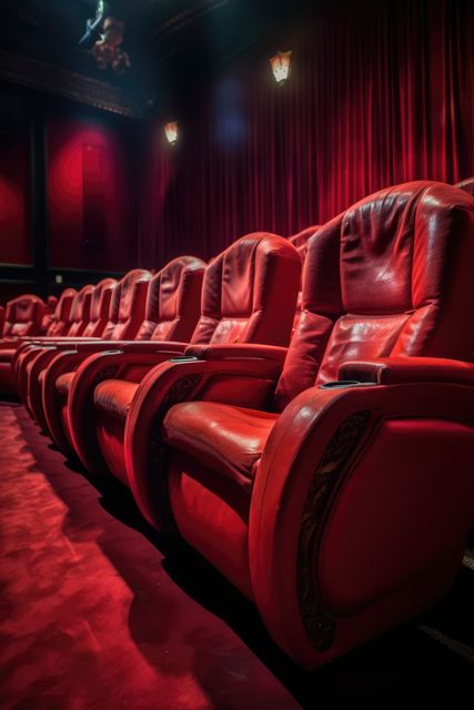 Luxurious red cinema seats await viewers for the next show. The plush chairs enhance the movie-going experience with their comfort and style.